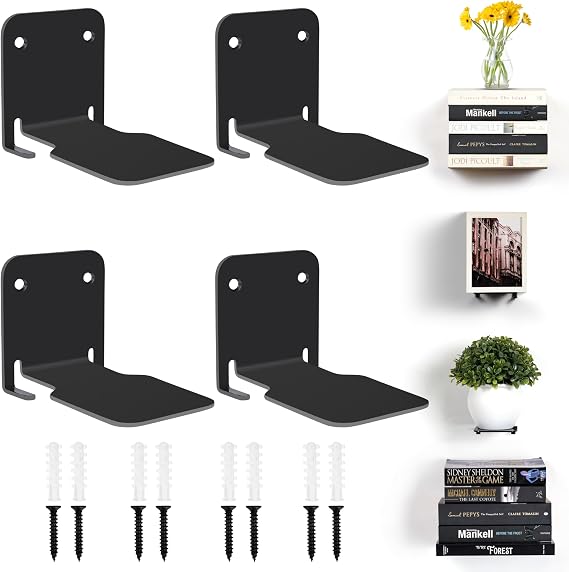 Winter Shore Invisible Black Bookcase Wall [Pack of 4] - Robust Wall Shelf Metal Made of Iron for Wall Mounting for Office Bedroom & Living Room - Decorative Bookcase Floating with Mounting Materials