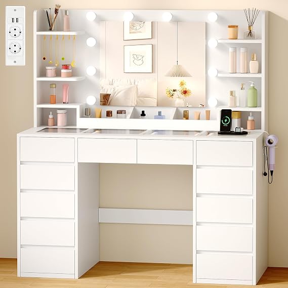 Large Makeup Vanity with Mirror and Dimmable LED Light, 10 Bulbs