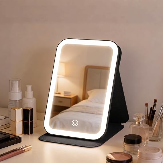 DUFFA LED Işıklı Katlanabilir Makyaj Aynası - 3 Renk Işık Modlu, Dokunmatik ve Ayarlanabilir Parlaklık (Kısılabilir) - Kılıflı Taşınabilir Seyahat Boy - Masaüstü Kozmetik Aynası (Siyah)