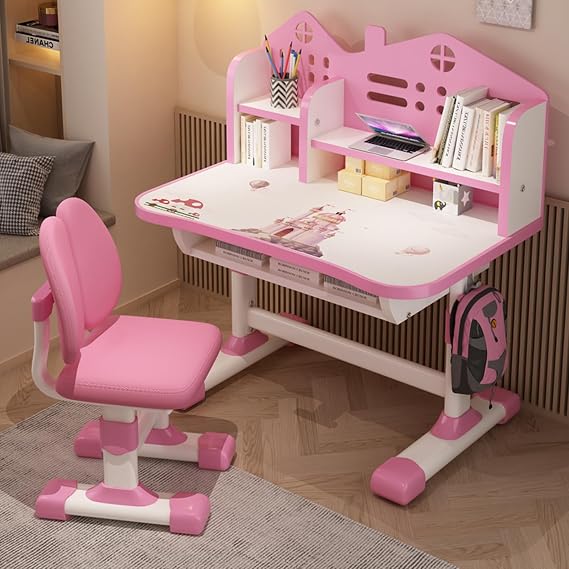 Adjustable Children's Study Desk, Ergonomic Height-Adjustable Desk Chair Set, Spacious Study Table with Bookshelf and Drawer, Ideal for Homework, Writing, and Primary School Students' Learni
