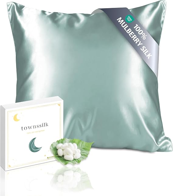 Townssilk Silk Pillowcase, 100% Natural Mulberry Silk 19 Momme, Double-Sided Silk, Oeko-Tex Certified, Gentle on Skin and Hair, 1 unit, 40x40cm, Water Green