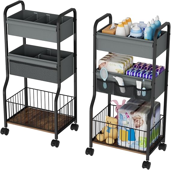 Baby Diaper Caddy Organizer and Storage & 3-Tier Rolling Diaper Cart with Lockable Wheels | 4+3 Dividers, Bedside Cart for Baby Essentials for Nursery, Bedroom, Bathroom