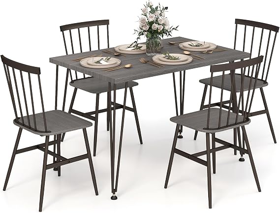 COSTWAY Dining Table and Chairs Set 4, 5 Piece Rectangular Kitchen Table and 4 Chairs with Curved Slatted Back &amp; Swivel Foot Pads, Metal Frame Dining Room Furniture Set for Home Restaurant (Grey Oak)