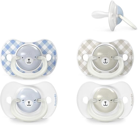 Suavinex, Pack of 4 Glow in the Dark Soothers, Babies 0/6 Months and Newborns, for Sleeping, with Fluorescent Ring and SX Pro Silicone Physiological Teat, Flat and Flexible, Blue