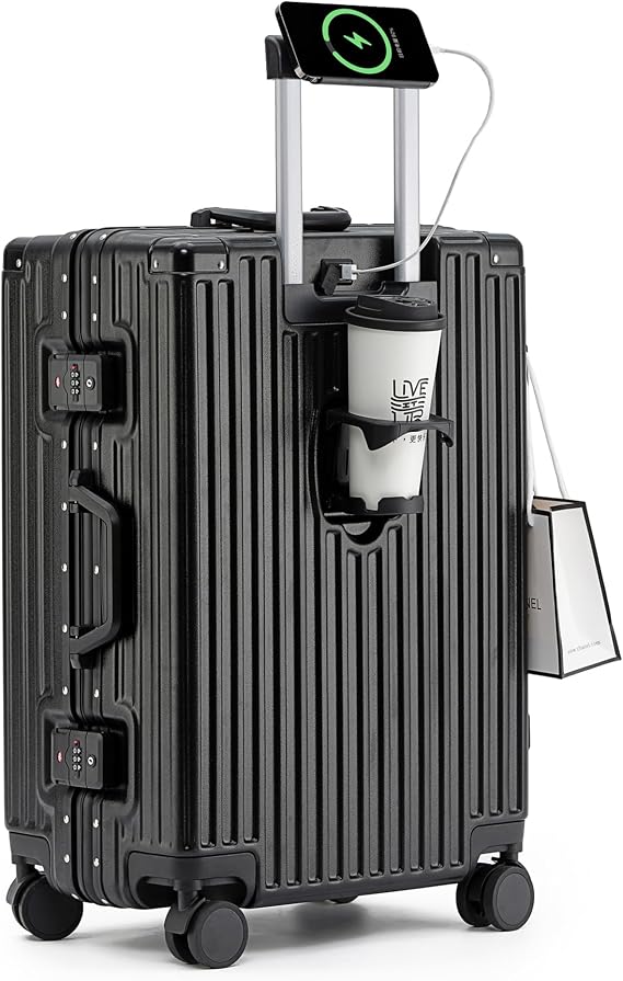 Carry on Luggage Hard Shell Suitcase Cheap Luggage Suitcase USB Interface Large Suitcase 4 Wheels Lightweight (Black, 20in)