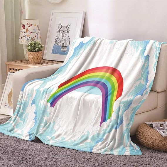 Chickwin Flannel Throw Blanket, 3D Cartoons Print Blanket Microfiber Soft Throw Blanket Lightweight Fluffy Warm Comfortable Blanket for Indoor Bed Sofa Chair (130x150cm,Rainbow)