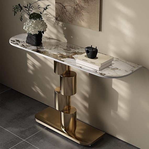 Narrow Console Table with Sintered Stone Tabletop,Modern Entryway Table with Metal Base,Decorative Sofa ables,Easy Assembly,for Living Room,Hallway,Entry,Foyer(Gold,100cm)