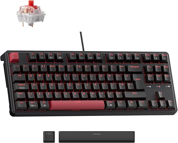 Keychron C3 Pro Wired Mechanical Keyboard - ISO UK Layout, 87 Key TKL Compact, Gasket Mount, QMK/VIA Programmable, Red Linear Switches, Red Backlight, for Mac Windows Linux Gaming