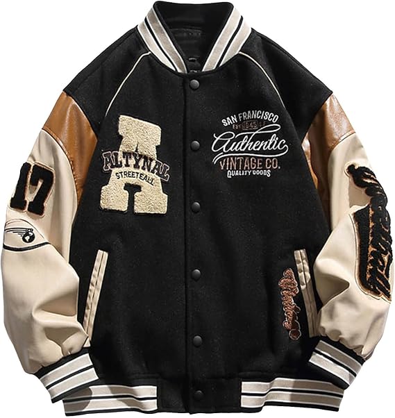 Men Varsity Jacket Color Block Letter Print College Baseball Jackets Vintage Outwear with Pockets Unisex Coat Patchwork Top Fall Bomber Biker Jacket Outwear ﻿
