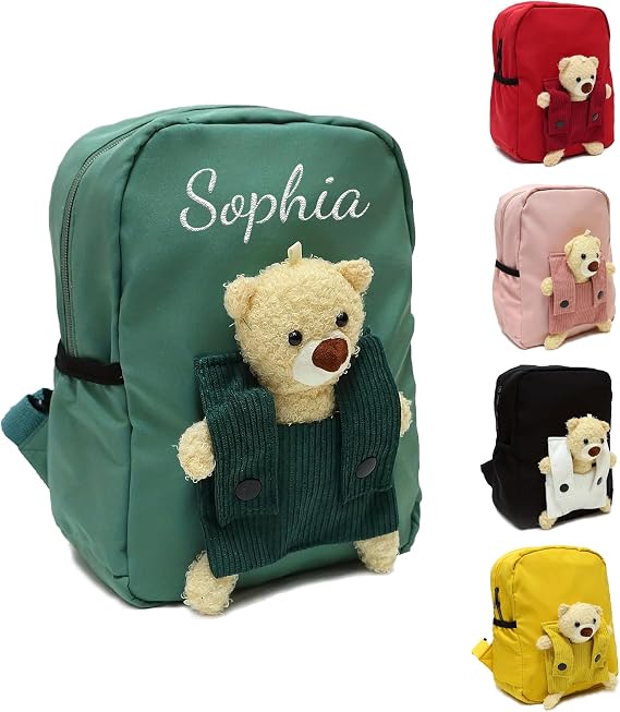 Personalised Toddler Backpack with Name, Embroidered Mini Nursery Rucksack for Girl & Boy, Cute Bear Small Toddler School Bag for Travel Kindergarten Elementary Preschool Nursery Baby Gift (Green)