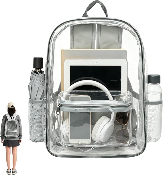 Clear Backpack Large Clear Bag with Side Pockets Transparent Backpack Stadium Approved for Work Concerts Sports Events (Gray)