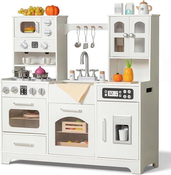Wooden Play Kitchen for Kids with Lights & Sounds, Ice Maker, Stove