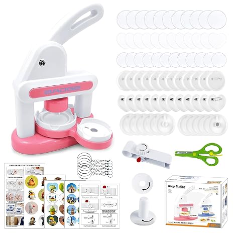Button Maker Badge Machine, 55mm & 35mm Badge Machine Kit, Badge Machine with Circle Cutter, DIY Round and Heart Pin Badge Maker for Party Events Gifts (Pink)