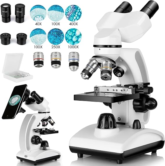 Binocular Microscopes (40X-1000X) Compound Biological Microscope Double Layer Mechanical Stage, Mobile Phone Holder for Laboratory Use for Adults, Teenagers, College Students