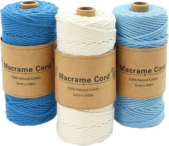Macrame Thread 3 mm, 3 x 100 m Macrame Yarn, Macrame Twine, Macrame Cotton Cord, Macrame Threads for Tapestries Crafts Curtains DIY Home Decoration (3. Blue)