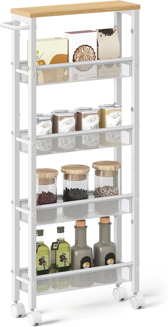 VASAGLE 5-Tier Trolley, Space-Saving Kitchen Cart with Castors, 13 cm Deep, Steel Frame, Handle, Trolley for Small Spaces, Kitchen Bathroom Living Room Studio, Oak Beige and White LRC034W09