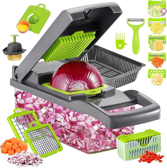 16 in 1 Vegetable Chopper, High-Performance Vegetable Food Cutter, Kitchen Mandoline Vegetable Veg Dicer with Stainless Steel Blades Peeler Hand Guard and Brushes, Salad Onion Chopper Box with Lid
