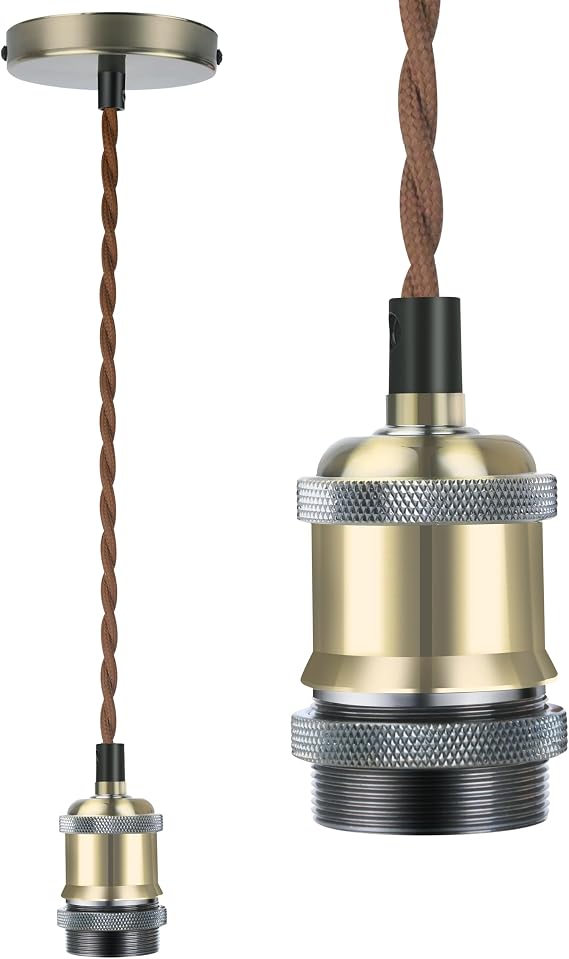 Licperron Vintage Pendant Light Fitting Kit, Brown Twisted Braided Flex Ceiling Lamp, E27 Light Fitting Kit - Antique Brass. 1pack [Energy Class D]