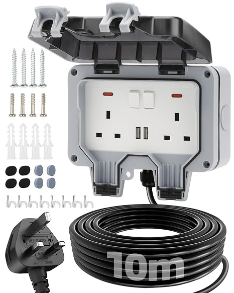 Outdoor Socket 10m Extension Lead 2 USB Ports Outdoor Double Socket Waterproof IP66 13Amp Weatherproof Outdoor Sockets Switch Indicator Light Wall Electrical Outlet Socket Box for Garden