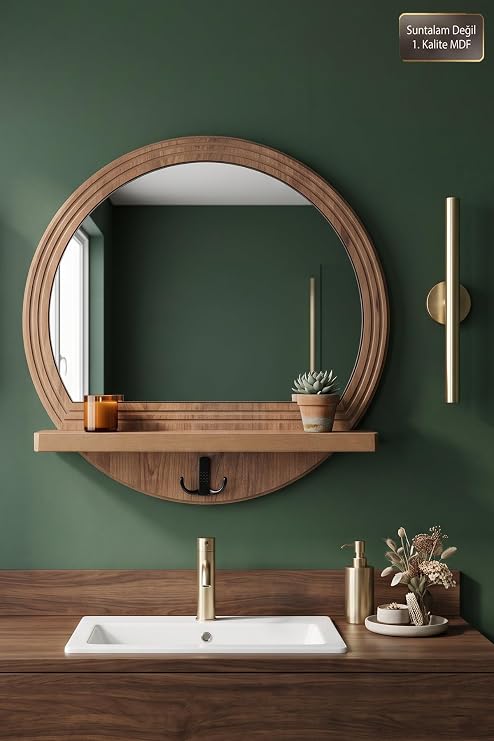 Antik Ahşap Desenli Dekoratif Ayna Raflı Askılıklı Banyo Oda Lavabo Wc Dresuar Koridor Konsol Mutfak Makyaj Aynası Yn-102