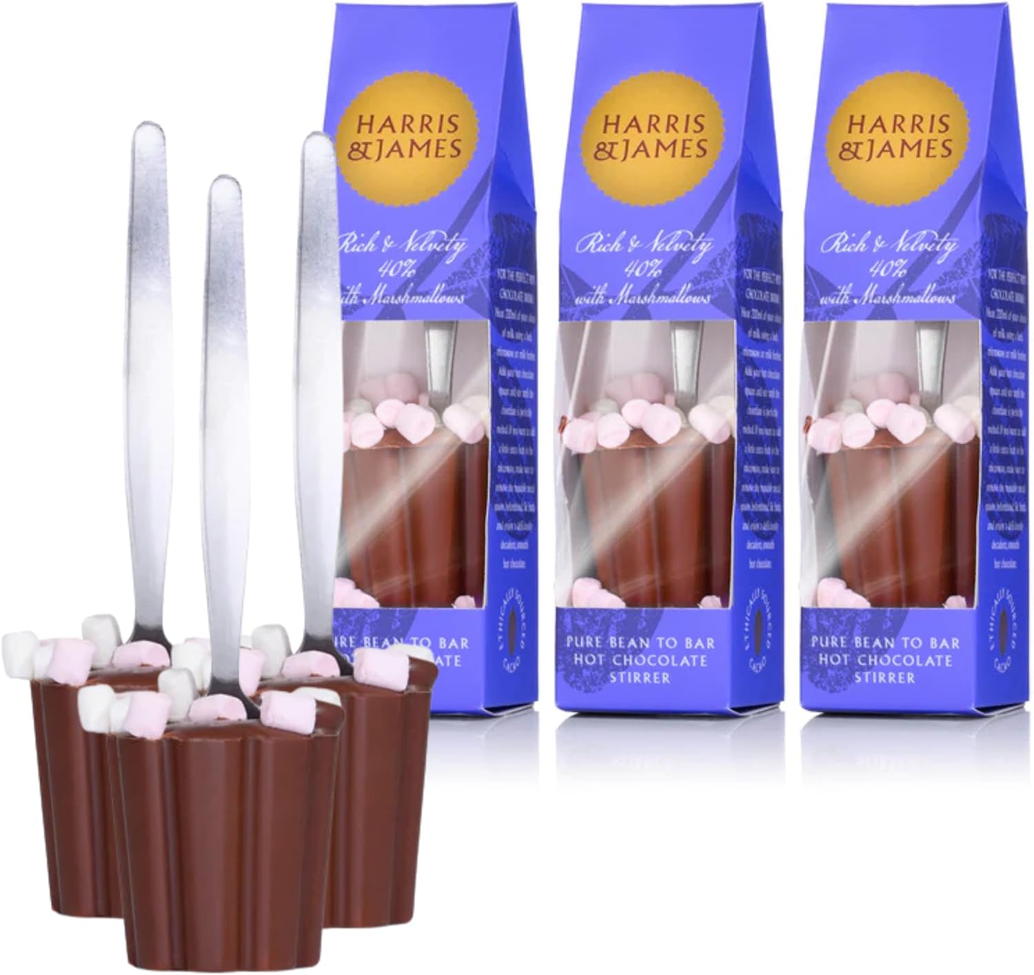 Harris & James Milk Chocolate with Marshmallows Hot Chocolate Stirrers - Pack of 3. Spoon Set Hot Chocolate Multipack. Hot Chocolate Gift Set for Drinking Chocolate. Hot Cocoa Gift Set