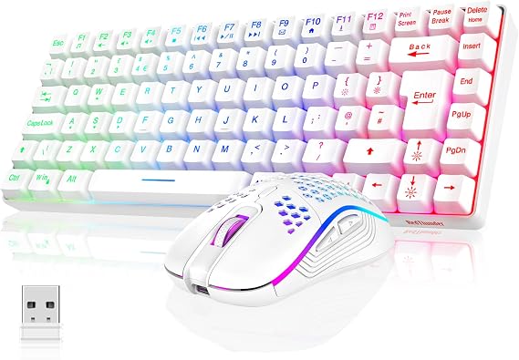 RedThunder K84 75% Wireless Gaming Keyboard and Mouse Rainbow Backlight UK Layout 85 Keys TKL Ultra Compact Mini Design Lightweight Honeycomb Gaming Mouse for PC Mac PS5 Xbox Office Gamers (White)