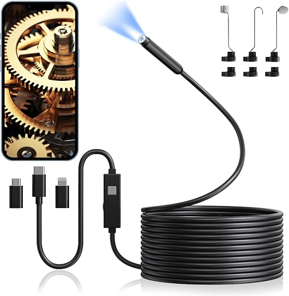 Endoscope Inspection Camera, Hopefox 1920P HD USB Endoscope Camera with 8 Adjustable LED Lights, 16.4ft Flexible Rigid Snake Borescope, IP67 Waterproof Drain Camera Gadgets Tool for Android, IOS