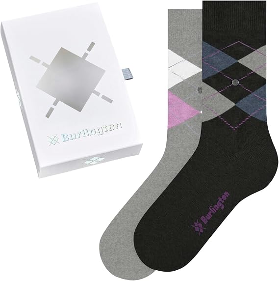 Burlington Women's Basic Gift Box Socks Breathable Cotton Thin Reinforced Extra-Soft On Skin Hard-Wearing Argyle Pattern ONE SIZE FITS ALL Multipack 2 Pairs