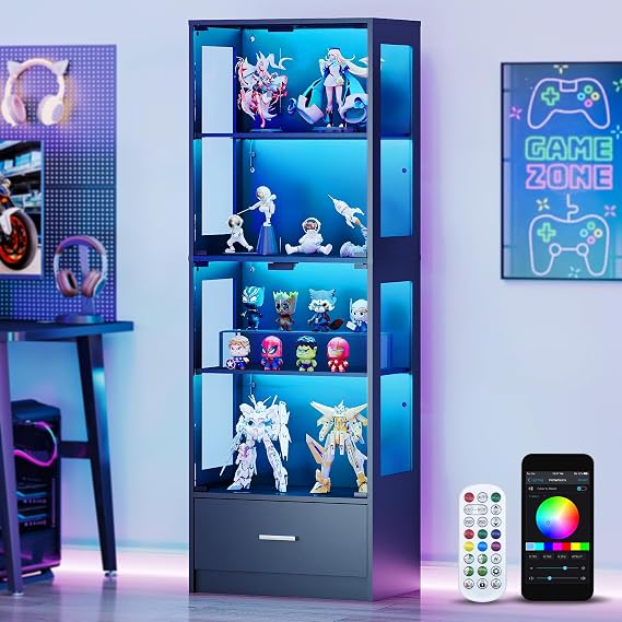Lamtor Glass Display Cabinets with LED Lights, App & Remote Control, Adjustable Shelves, Curio Cabinet for Collectables, Model Display Case Unit for Living Room, Black