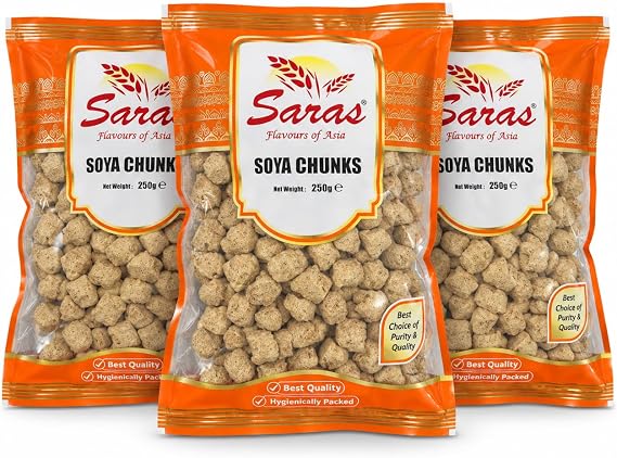 Saras Soya Chunks 250g (Pack of 3) | High Protein Vegetarian Meat Alternative | Plant-Based High Protein TVP for Curries & Biryani