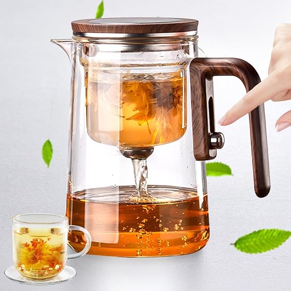 Magic Tea Pot with Infuser - Water Separation Glass Teapot for Separate The Teawater, Ergonomic Wood-Effect Silicone Grip Design, and Versatile Brewing of Tea and Coffee (800ml)