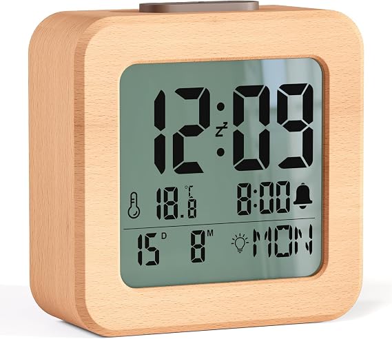 Digital Alarm Clock, Wooden Digital Alarm Clock with Light Sensor, LCD Backlight, Snooze 5 Min, Temperature, Date and Day of the Week (Wood)