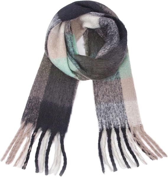 Loop thickened imitation mohair coarse color scarf, blue and white women's scarf - soft with tassels, warm