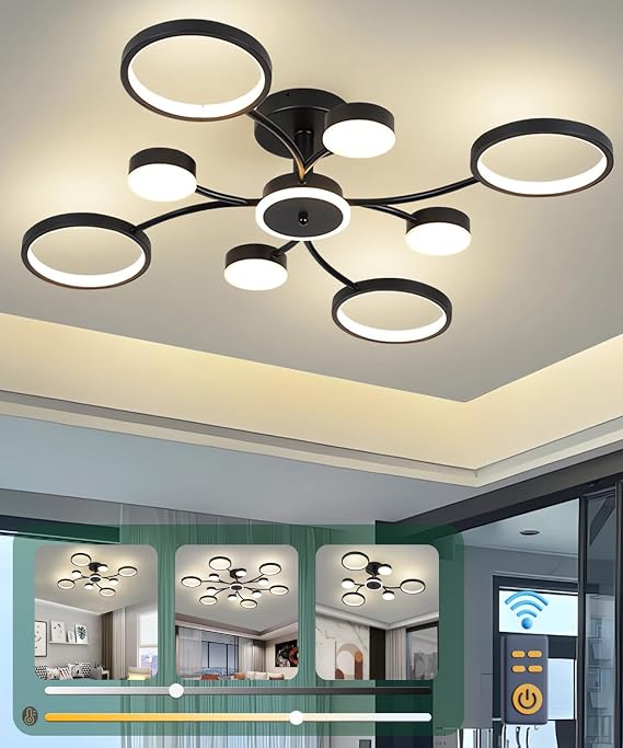 LED Ceiling Light Black90W Dimmable Ceiling Lamp 3000-6500K Modern Metal Circle Chandelier Bedroom Living Room Office Study Dining Room Pendant Lamp (8 Heads) [Energy Class C]