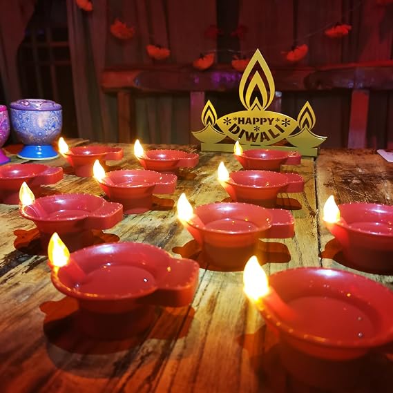 Diwali Diyasランプデコレーション12個、ディワリLEDウォーターセンスライト、防水フレームレスティーライト、センターピース用オイルランプ、インドの寺院、プージャ、新築祝いのギフトに。