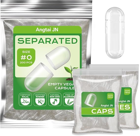 Vegan Size 0 Separated Capsules Empty Pill Caps Plant Based Clear (200 Caps+200 Bodies) Gluten Free, Non-GMO, Halal Certified Filling Kit for Vegetarian DIY Your Own Supplements