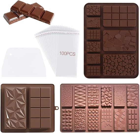 Silicone Chocolate Moulds, 3 Pcs Deep Chocolate Bar Molds with 100 Pcs Bags and 1 Scraper, Reusable Non-Stick Silicone Molds for Choclate Bars, Food-Grade & Easy Release
