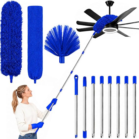 3.3M Extra Long Duster for High Ceilings, Long Duster for 4M High Ceilings, Long Reach Duster Cleaning Heads for 3 Different Scenarios(Blue)