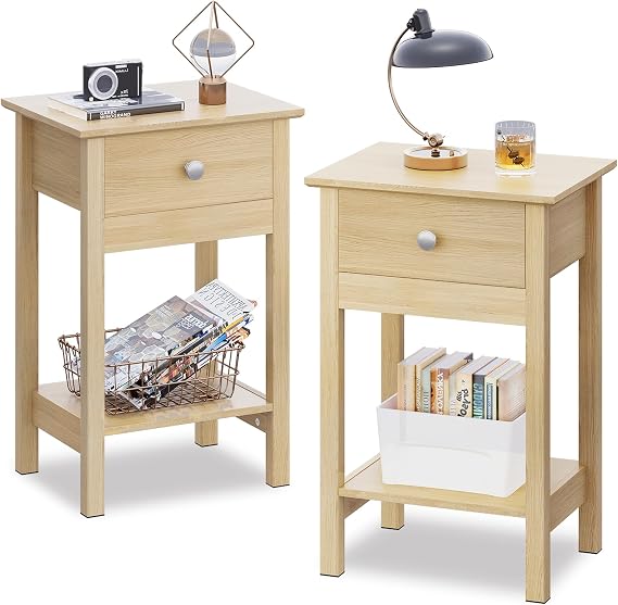 WLIVE Wooden Bedside Table with One Drawer and Shelf Space-Saving Suitable for Bedroom and Living Room Modern (2 Oak)