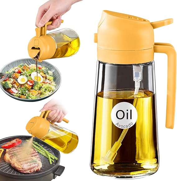 YARRAMATE Zeytinyağı Dispenseri, 2'si 1 Arada Pişirme için Yağ Püskürtücü, 16 oz/470 ml Cam Yağlı Püskürtme Şişesi, Mutfak, Salata, Kızartma, Barbekü için Gıda Sınıfı Dağıtıcı ve Püskürtücüsü