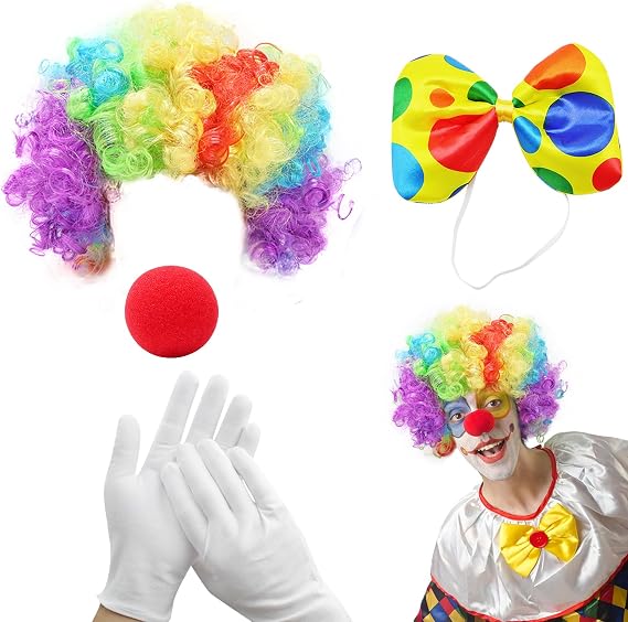 4 PCS Costume Set, Rainbow Wig, Red Nose, White Gloves, Bow Tie for Kids & Adult, Clown Dress Up for Halloween Carnival Cosplay Party Pretend Play Circus Show