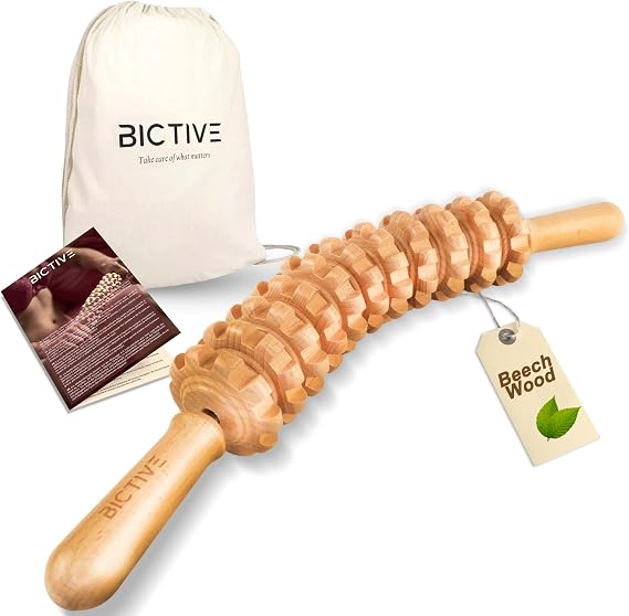 Curved Wooden Body Therapy Roller for Cellulite and Massage, Anti-cellulite Roller for Legs, Thighs, Buttocks and Abdomen - Improves Lymphatic Drainage - Wooden Massager with Bag