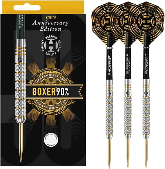 Harrows Boxer 90% Tungsten Steel Tip Darts Set. Available in 21g, 23g, 25g - Includes Midi Supergrip Carbon shafts & New Anniversary 100 Micron Flights
