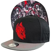 Capiche Black Snapback Hat for Men, Titans, Gray Flat Visor Baseball Cap, Cappy with Red Logo, Warrior Hat, Strong Fighting Real Men Beard, Tattoo Style Artwork Under Visor, Medieval Sparta Empire