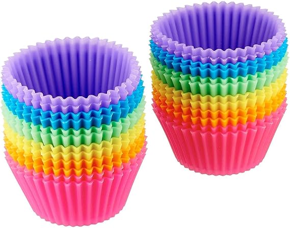Amazon Basics Round Reusable Silicone Cupcake Molds, Pack of 24 (Oven Safe to 428°F), Multicolor