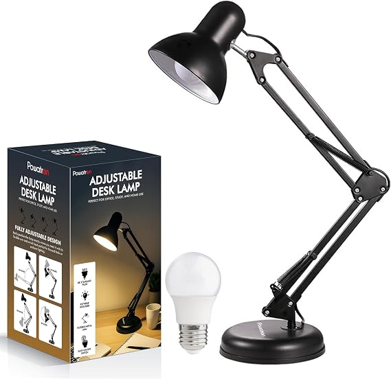 Adjustable Desk Lamp with UK Plug & E27 Bulb Included – Flexible Metal Arm, Rotatable Head, 150° Adjustable Design, On/Off Switch & 1.5m Cord – Office, Study, Bedroom [Energy Class A]