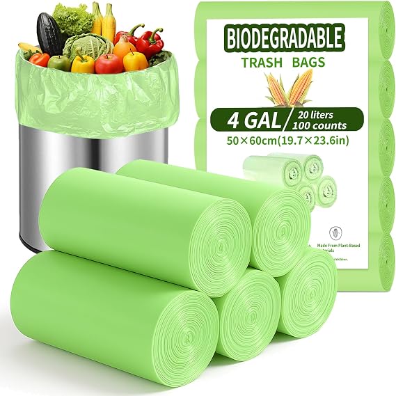 BODFPPC 100 Pack Biodegradable Bin Bags 20L, Compostable Food Waste Bags Caddy Bin Liners for Kitchen Office Bathroom Recycling, Eco-Friendly Food Rubbish Trash Bags Green