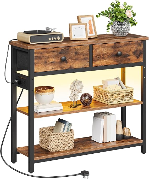 HOOBRO Console Table with Charging Station, 2 Drawers and LED Light, Narrow Hallway Table, Sofa Side Table, Display Stand, Slim Console Table for Hallway, Living Room, Rustic Brown EBF91KDXG01