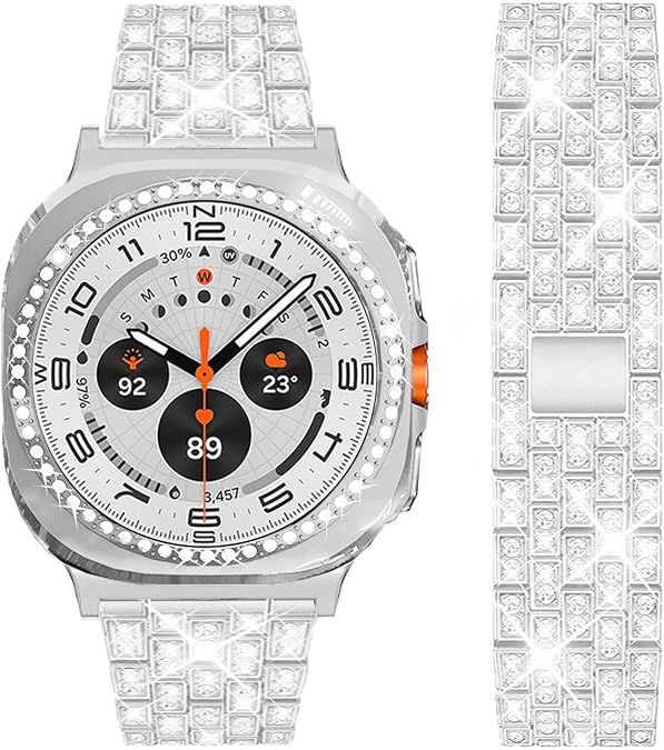 DEALELE Strap and Case Compatible with Samsung Galaxy Watch 8 40mm / 44mm, Bling Rhinestone Diamond Metal Bracelet with Shiny Protective Case Cover Replacement for Women Men
