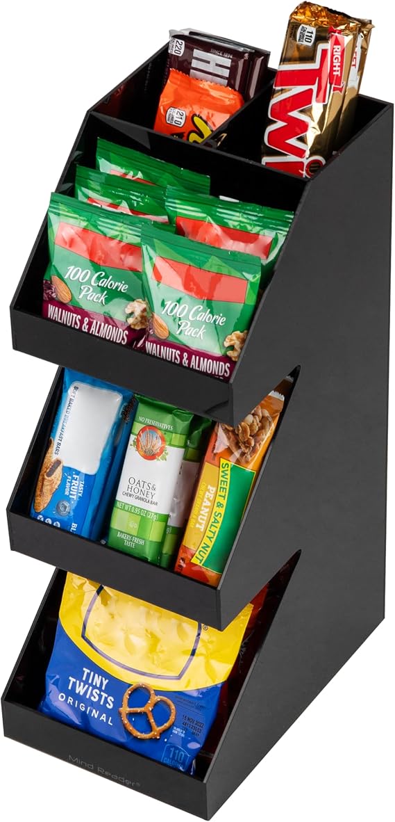 Mind Reader Foundation Collection, 3-Tier, 5-Compartment Coffee, Tea, Utensil and Condiment Dispenser, Countertop Organizer, Kitchen and Breakroom, 6" L x 9" W x 16" H, Black
